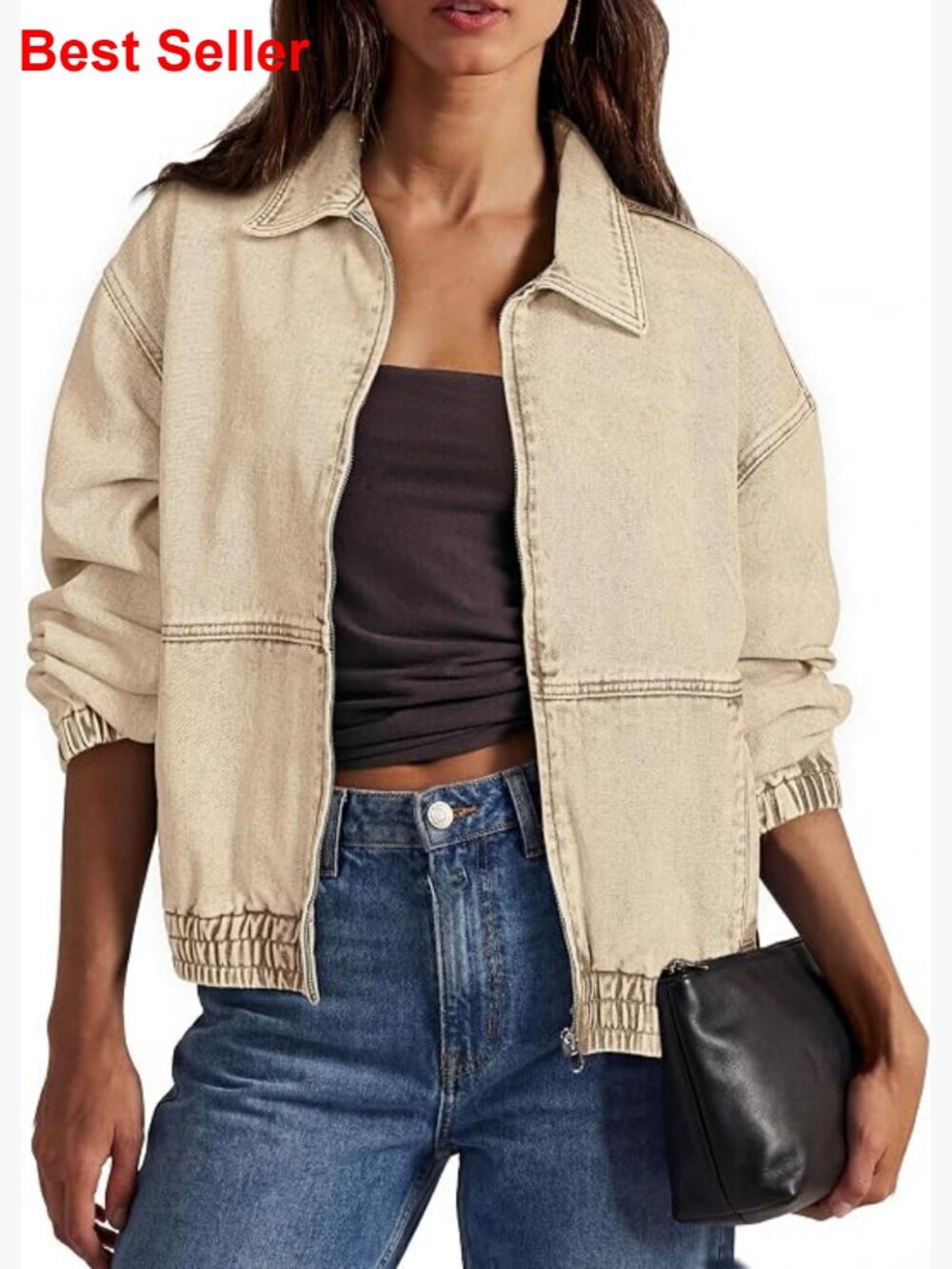 Oversized Denim Jacket Casual Loose Fit Long Sleeve Zip Up Faded Wash